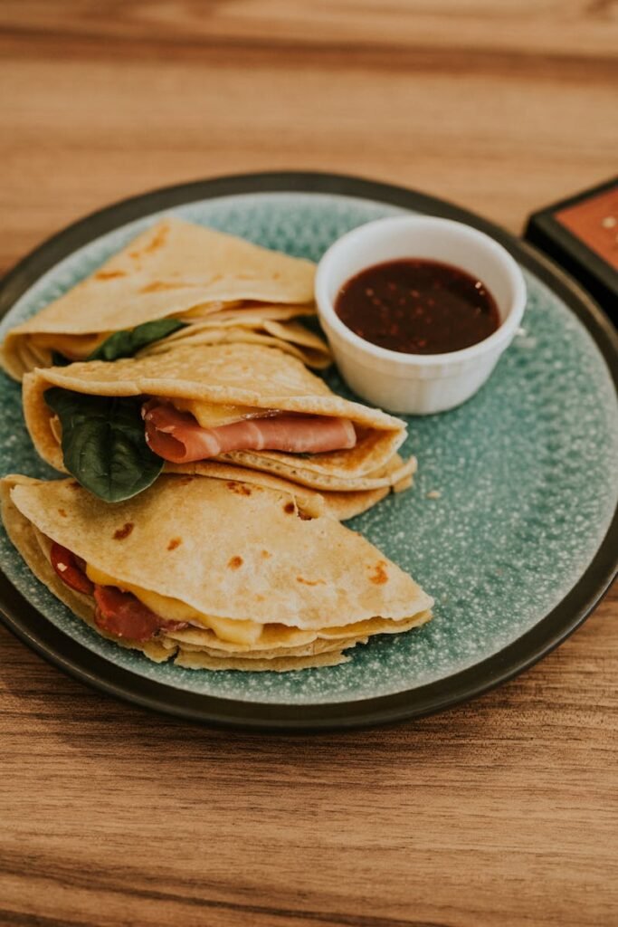 A high-angle view of freshly prepared quesadillas served with a tangy dipping sauce on a textured plate.